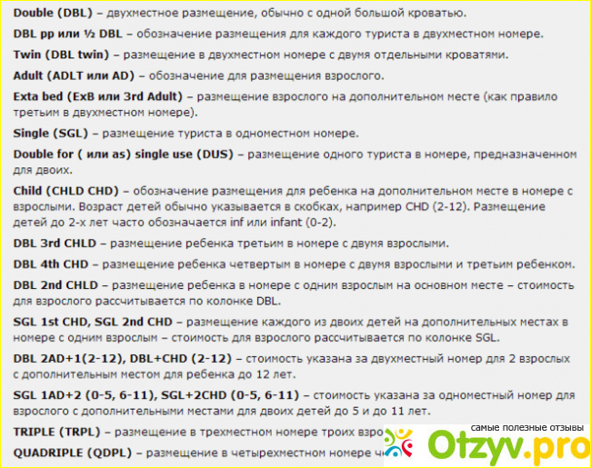Отзыв о Тип размещения DBL, SGL, TRPL, EXB, CH. Что это в отеле или гостинице?