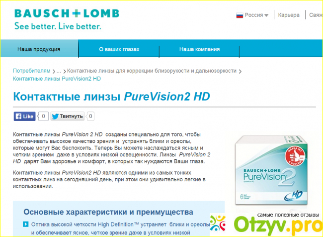 Отзыв о Контактные линзы Baush+Lomb Pure Vision 2 HD
