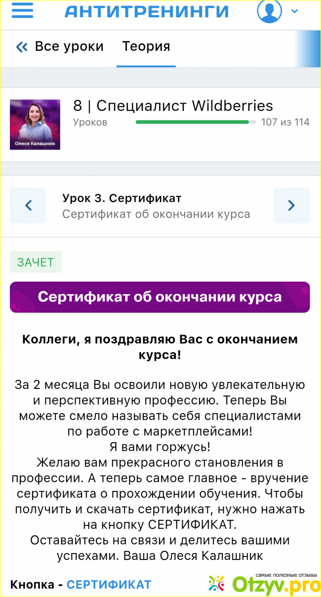 Отзыв о Онлайн курс Олеси Калашник Специалист по работе с Wildberries